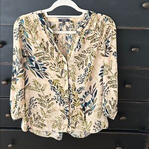 NYDJ Pale Pink Blouse with Green and Teal Blue Leaf Print